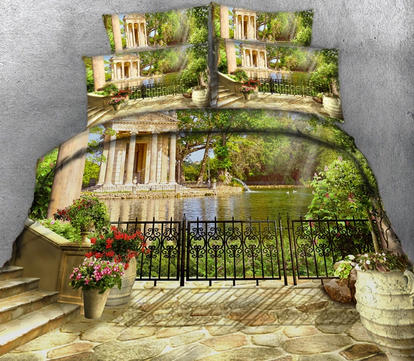 

Pool and green trees in front of house 3d effect photo bed linen can be customized photo pattern