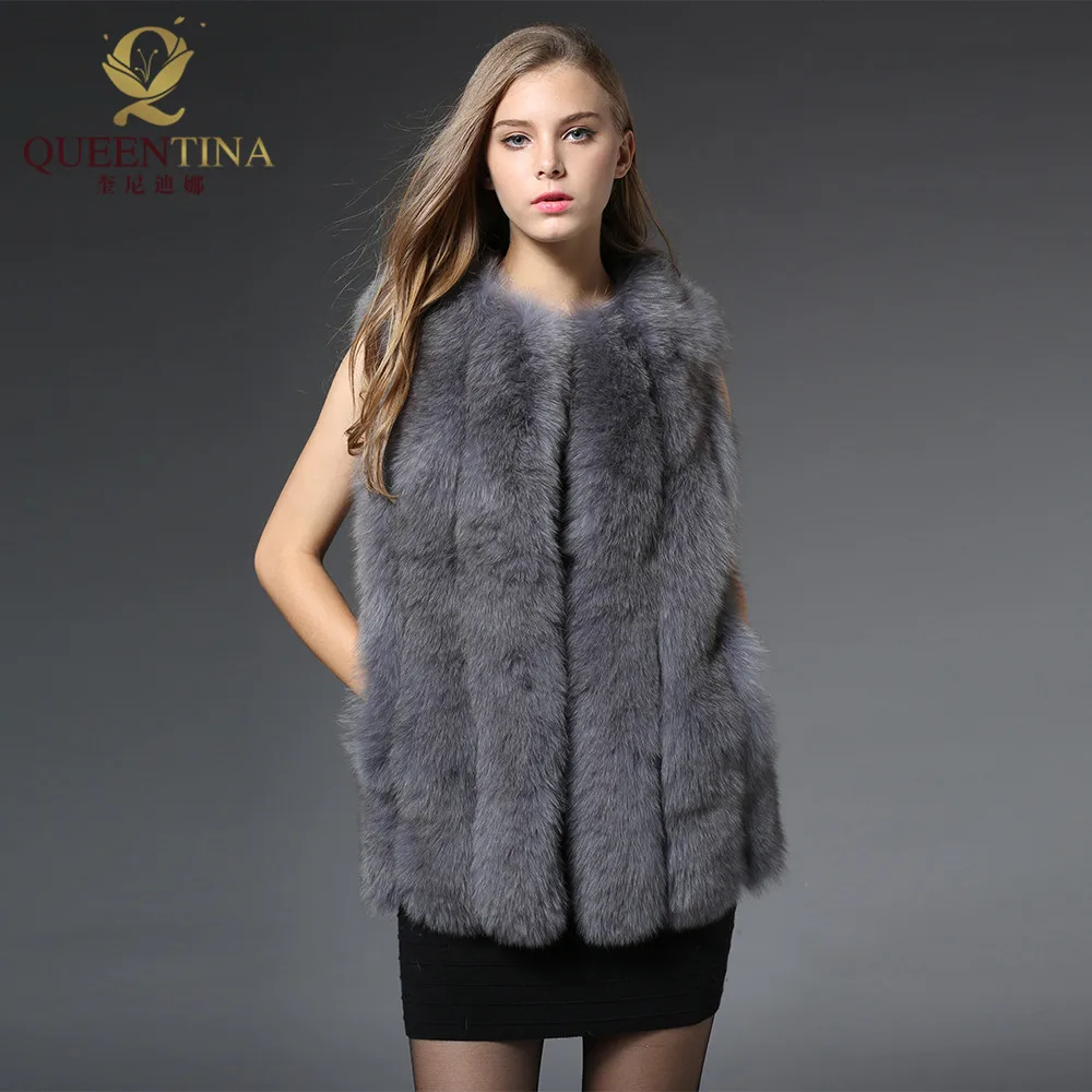 

New Fashion Women Real Genuine Fox Fur Coats 70cm Sleeveless Jacket Waistcoat Gilet Winter Warm Real Natural Fox Fur Vest Female