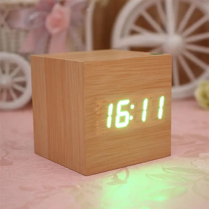  Mini Cube Shaped Home Office Desk Wooden Digital Alarm Clock Sound-Sensitive Clocks and Temperature