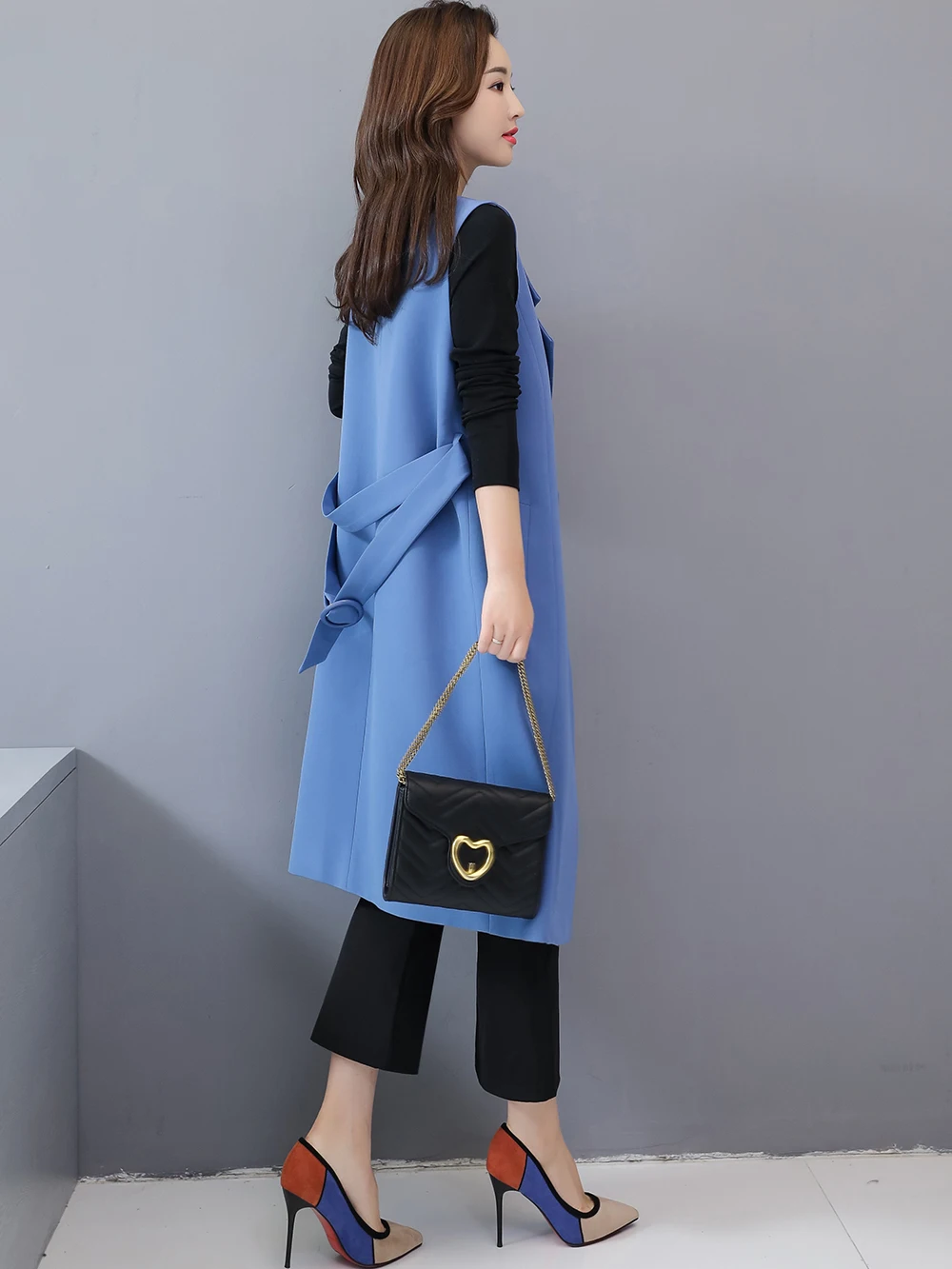 Shrug Down Sans Lâche Printemps Pour Noir Moyen Manches Bleu Col Gilet Turn Femmes blue Ceinture Femme Black Nouveau Poches Débardeurs Longueur IY7mgvyf6b