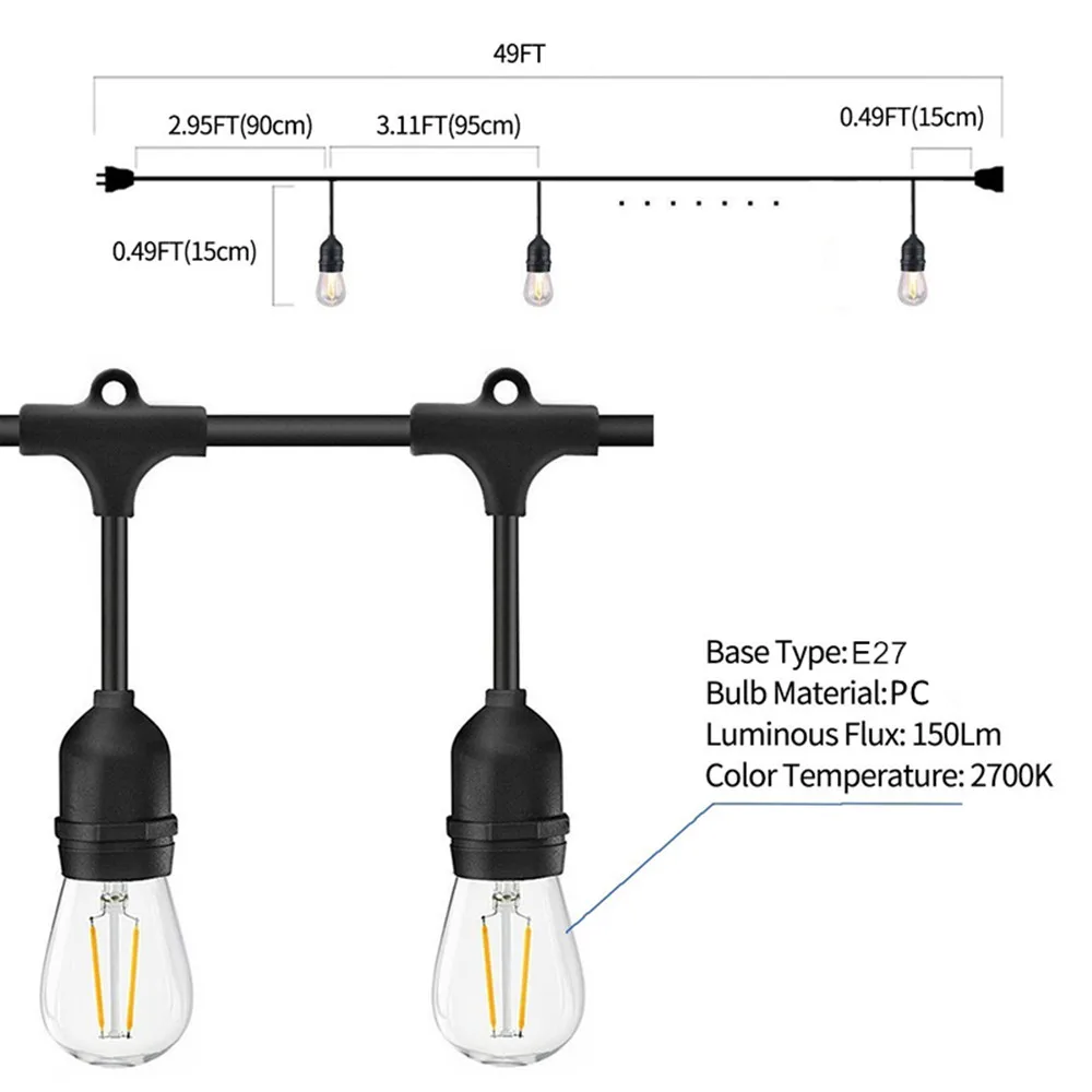 IP65 15M Commercial Grade LED String Lights S14 LED Retro Edison Filament Bulb EU Connectable Wedding Holiday Lighti