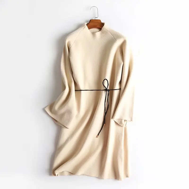 

Women knitwear long dresses Loose korean version fall and winter long sleeve turtleneck knit sweater dress vestidos belt design