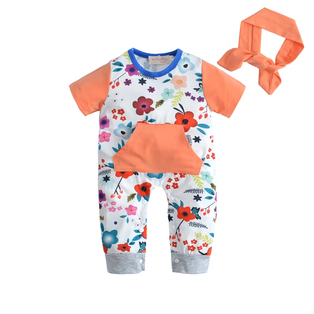 

2018 fashion infant cloting Baby Girl Romper Short sleeves Cute flower jumpsuit+Headband 2 pcs newborn toddler baby clothes