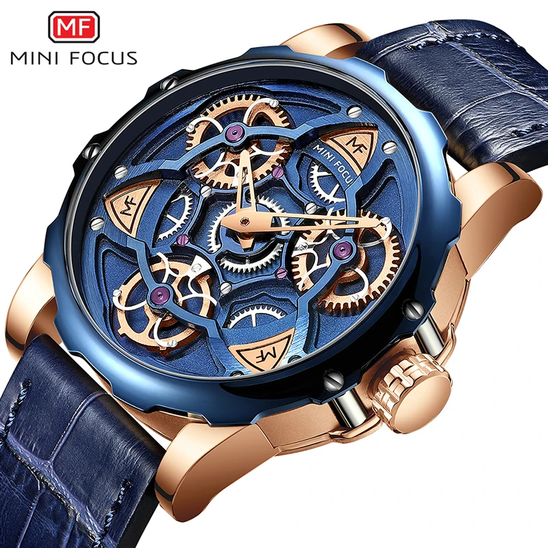 

MINIFOCUS Mens Watches Top Brand Luxury Sports style Design Quartz Watch Men Blue Leather Strap 30M Waterproof Relogio Masculino