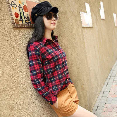 2016 Hot Sale Women Shirts tops new 100% Cotton Flannel Plaid Shirt Female Student Women's Long-sleeve Plus Size Basic Blouses 1