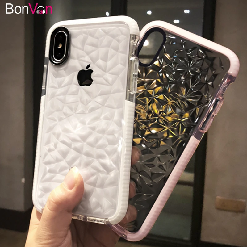 

BONVAN For iPhone X Case Luxury Diamond Transparent Soft Silicon Cover For iPhone 6 6S 7 8 Plus Rhombus Clear Water Feeling Case