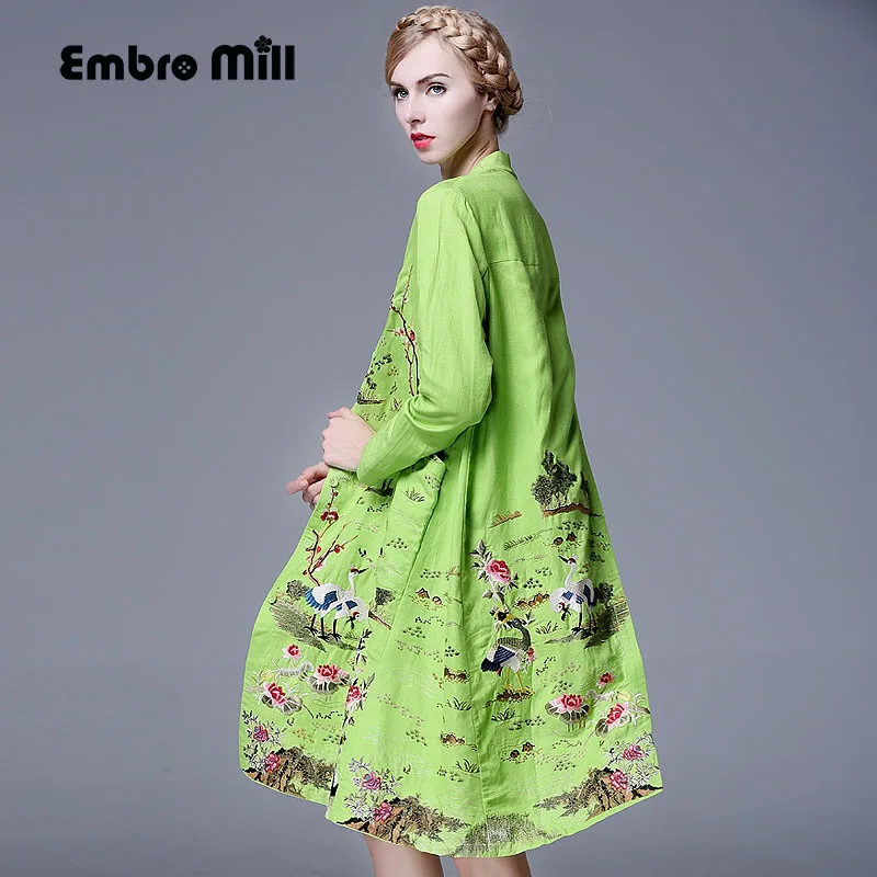 Пальто женское с V образным вырезом и вышивкой|trech coat|embroidery women coatlinen coat |