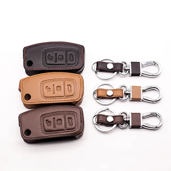 

Leather key chain ring cover case holder for Ford Fiesta Focus 2 Mondeo 3 buttons car key case car keys accessories keys shell