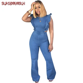 

RAISEVERN Women Bodysuit Female Summer Fashion Casual Holiday Playsuit Jeans Demin Ruffle Elastic Waist Long Elegant Jumpsuits