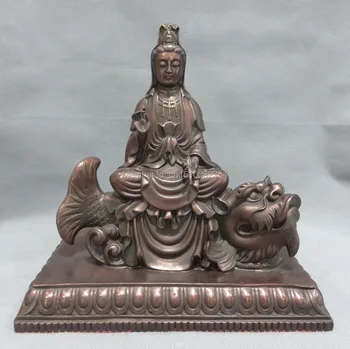

9" Chinese Pure Bronze Fengshui Guan Yin Kwan-Yin Pot Ride Dragon Fish Statue