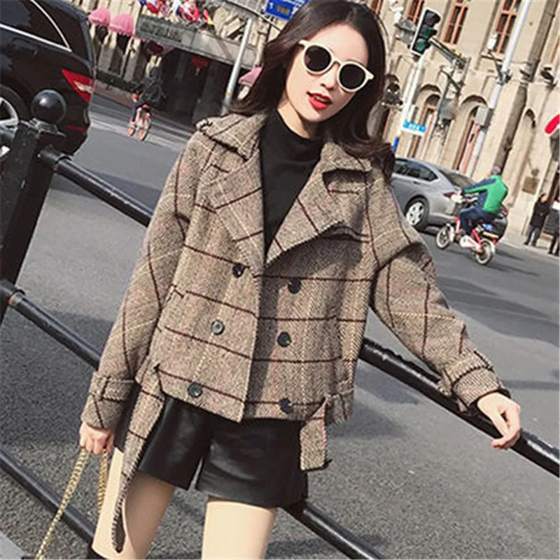 

New retro Women's Short Plaid Windbreaker Jackets European 2019 Spring Autumn Women Woolen Coat girls Outerwear X388