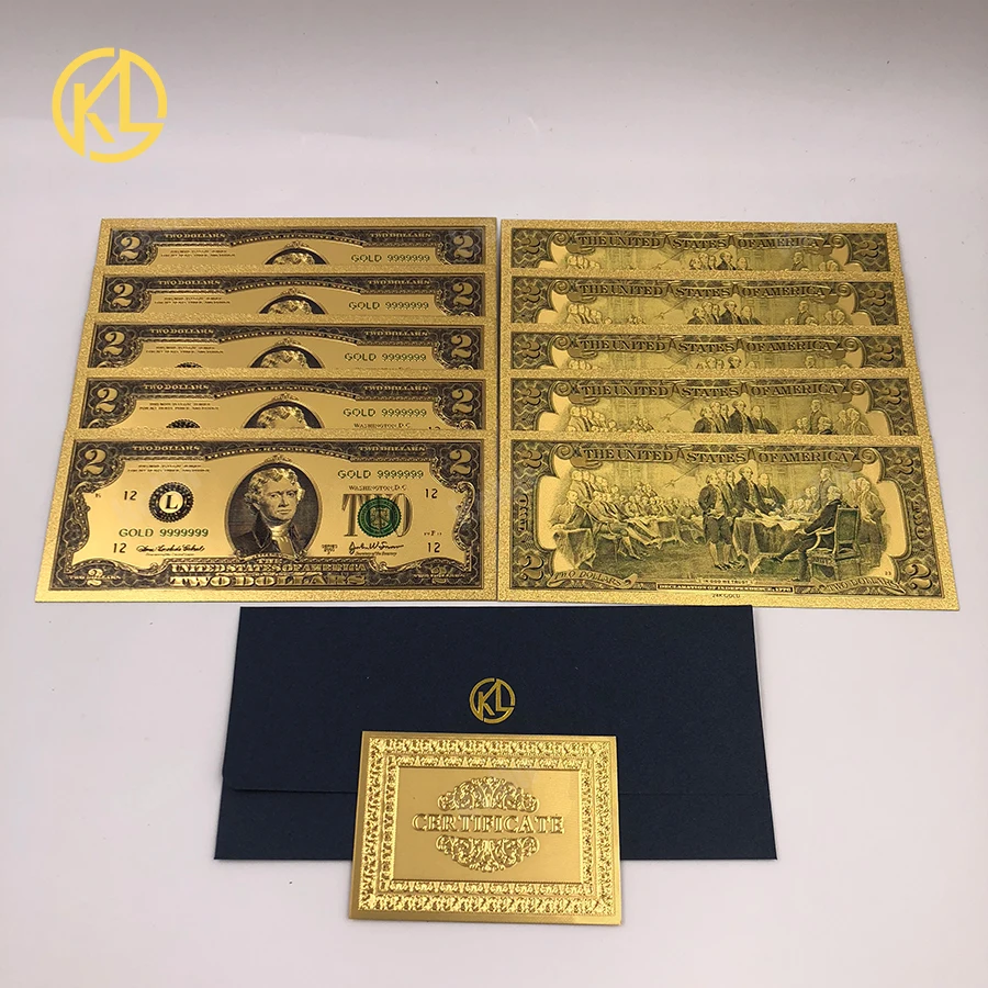 

10pcs/lot Best Price For America 2 US Dollar Banknotes in 24K Gold Money With certificate For Collection And Gifts