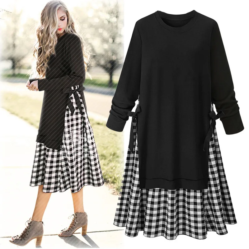 

Casual Patchwork Dress Women Plaid Long Sleeve O Neck Autumn Dress A-Line Plus Size Long Dresses vestidos verano 2018