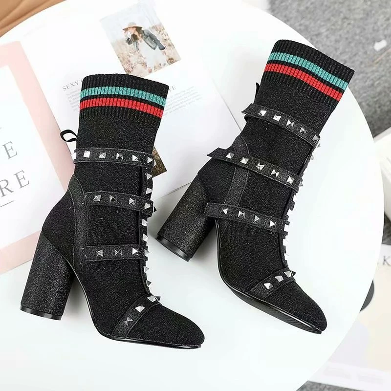 

Luxury Brand Rivets Women Knitting Ankle Boots Sexy Hoof Heels Slip On Pumps Martin Boots Party Wedding Shoes zapatos de mujer