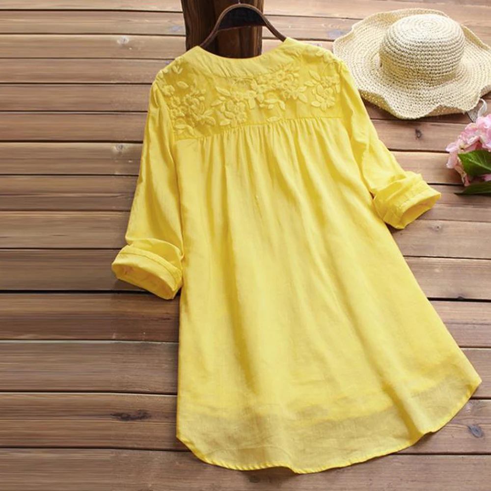 Embroidery Women's White Blouse Casual Plus Size Tops Elegant V-Neck Long Sleeve Tunic Summer Autumn Floral Print Women's Shirt