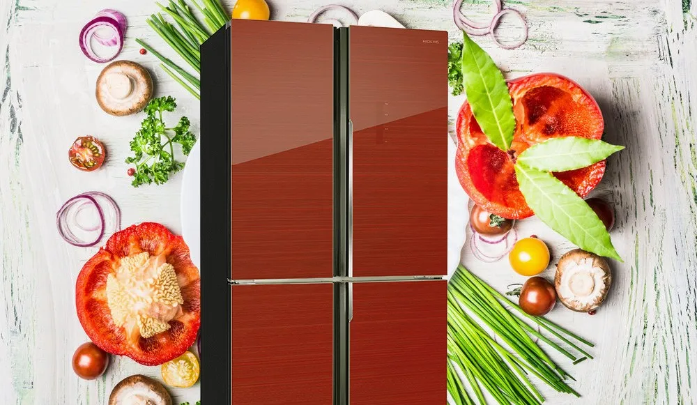4-х дверный холодильник HIBERG RFQ-490DX NFGR, обьем 490 л, стеклянный фасад с золотистой полоской