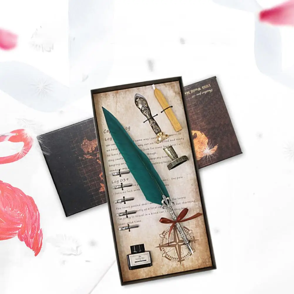 

None Natural Quill Pen Set Feather Dip Water Pen Perfect Gift Packing Set Quill Pen Set Sealing wax, 5pcs Tips 15ml Ink r25