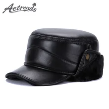 [AETRENDS] зимние мужские шапки из натуральной кожи в стиле милитари для мужчин, плоская шапка для папы, толстая шапка с бархатным мехом внутри, Z-5500