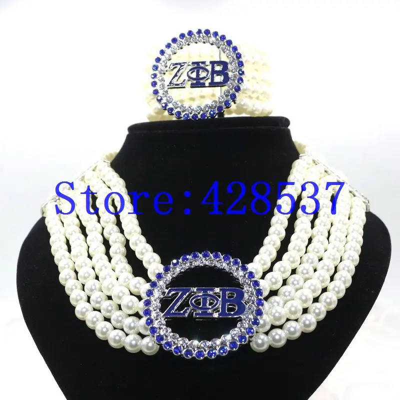 

Free Shipping Handmade Greek Sorority Royal Blue Enamel White Pearls Crystals Multilayer Collar Necklaces Bracelets Jewelry Sets