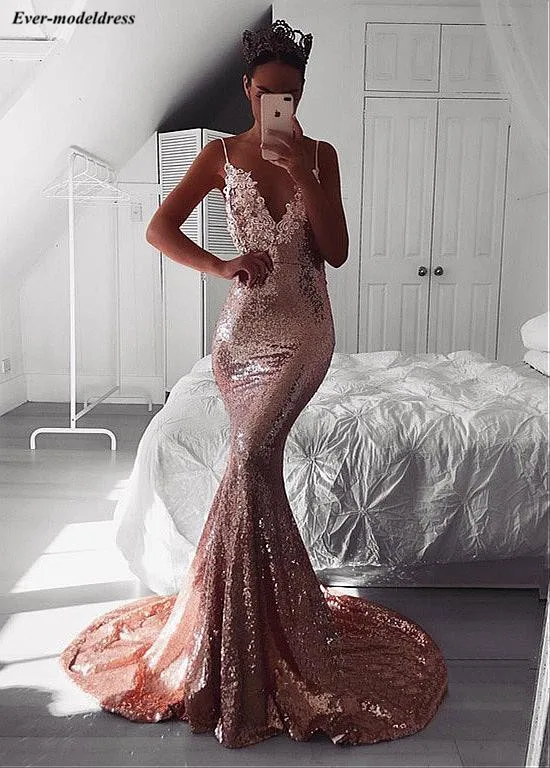 

2019 Pink Sexy Evening Dresses Long Mermaid Open Back Lace Appliques Sweep Train Sequins Cheap Prom Party Gowns Robe de soiree