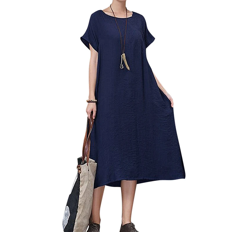 Винтажные женские летние однотонные платья с коротким рукавом, льняное повседневное длинное платье-рубашка, свободное хлопковое облегающее платье с квадратным вырезом, Vestido 5XL - Цвет: Navy