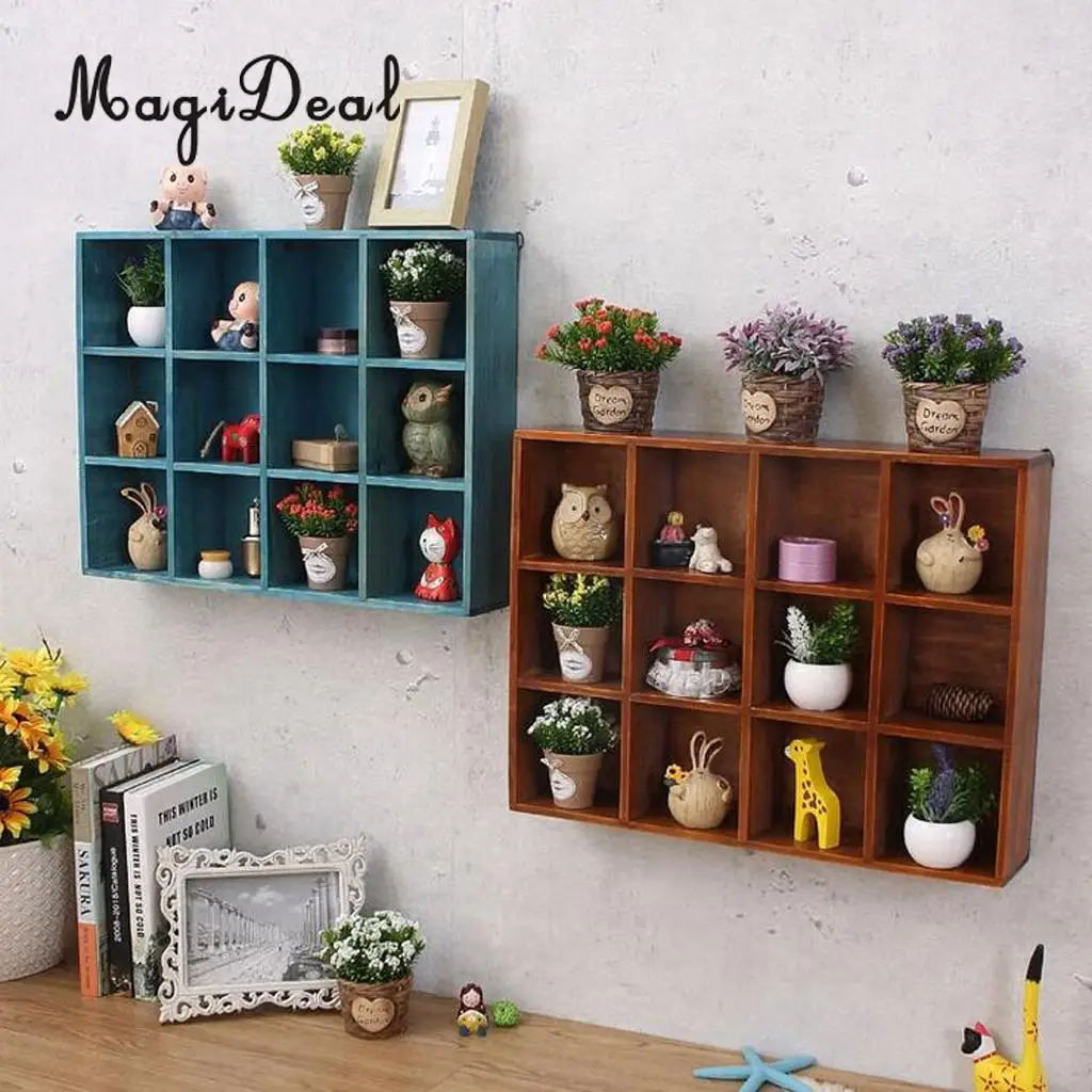 Rustic Wooden Wall Shelf Shadow Box Display Rack Shelf Storage Grid