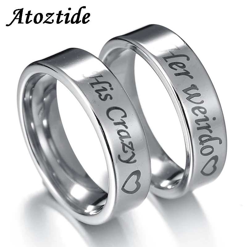 Atoztide 6mm Romantic His Crazy Her Weirdo Couple Rings Stainless Steel Black/Silver Round Love Wedding Band Engagement Jewelry