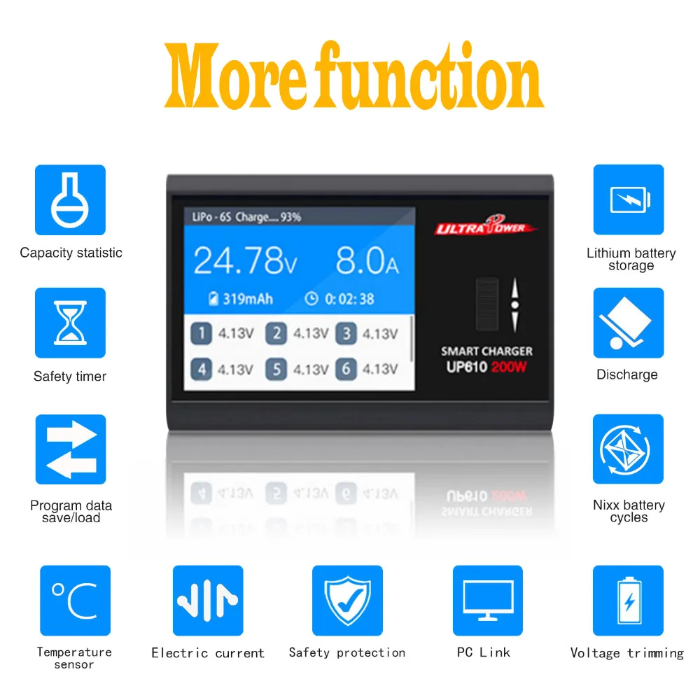 UP610 200 Вт портативное балансирующее умное зарядное устройство для радиоуправляемого дрона квадрокоптера автомобиля 1-6S Lipo батарея 1-16S NiCd NiMH батарея RC зарядное устройство