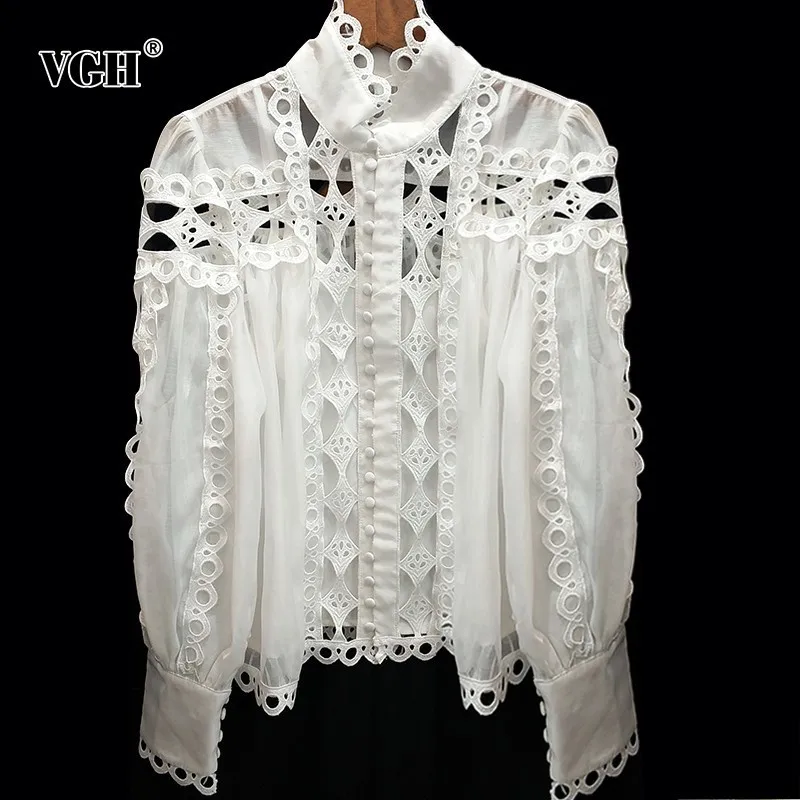 

VGH Summer Korean Hollow Out Women's Shirt Stand Collar Long Sleeve Button Loose Solid Blouse Top Female Fashion New 2019