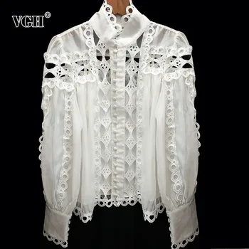

VGH Summer Korean Hollow Out Women's Shirt Stand Collar Long Sleeve Button Loose Solid Blouse Top Female Fashion New 2020