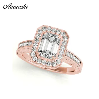 

AINUOSHI Fashion 925 Sterling Silver Rose Gold Color Emeralded Cut Wedding Rings Women Engagement Halo Silver Ring Jewelry Gifts