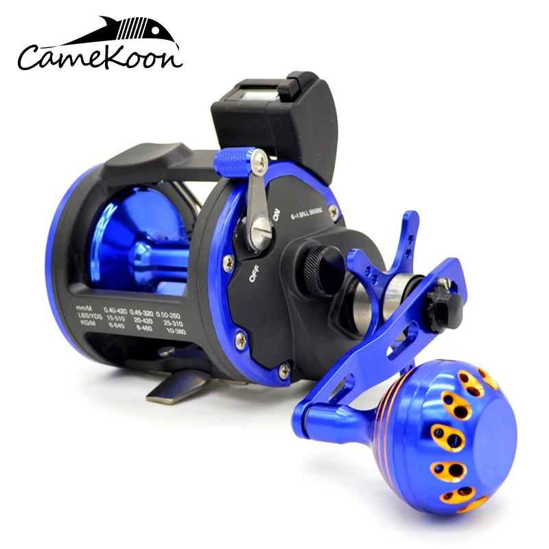 

CAMEKOON Level Wind Trolling Reel With Line Counter 5.1:1/4.1:1 Gear Ratio Max Drag 15KG Saltwater Fishing Reel