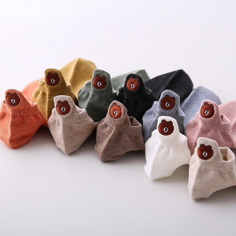 

2019 summer new products Pure cotton carton shallow mouth boat socks embroidery small bear head invisible socks SC127-10pairs
