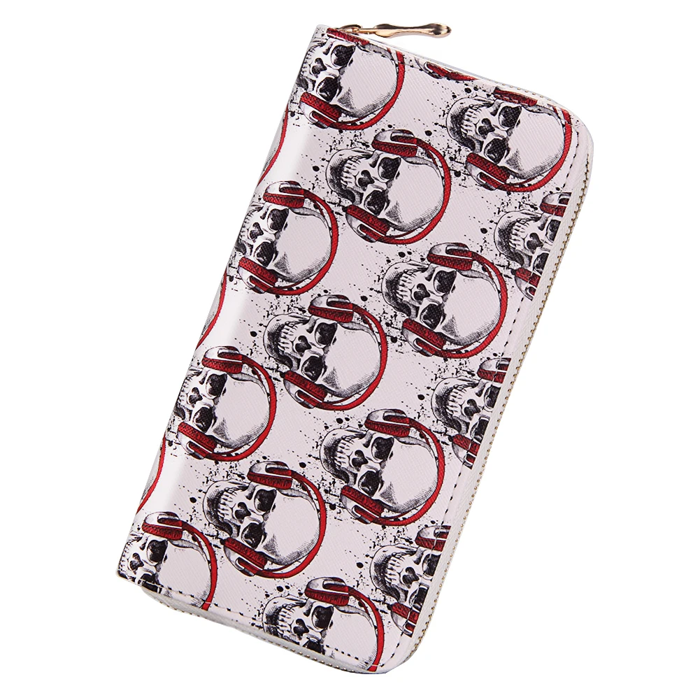 

New Skulls Printing Pattern Long Women Wallet PU Leather Card Holders Zipper Money Bag Shopping Coin Purse Clutch Halloween Bags