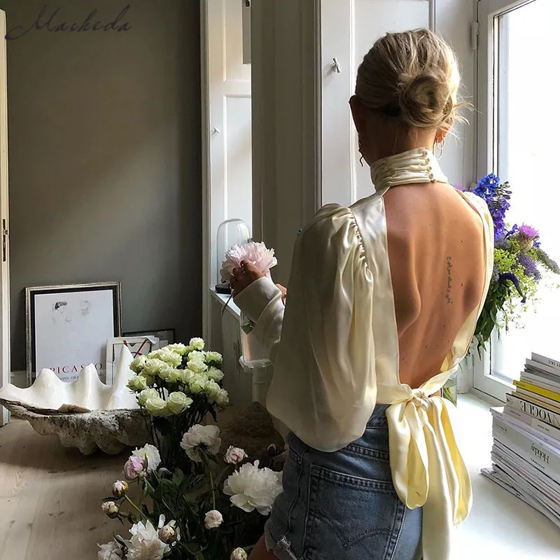 Vente Macheda 2018 nouvelles femmes élégant haut cou manches bouffantes chemise dos nu sauvage à manches longues chemise tempérament était mince femme