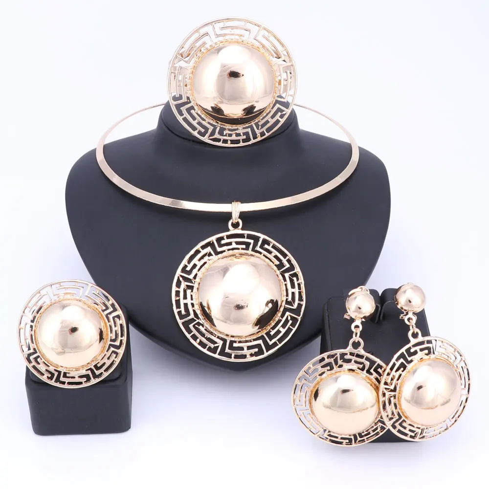 Свадебные Ювелирные наборы для женщин, ожерелье, браслет, серьги, кольца, золотой цвет, Дубай, африканские бусины, массивные аксессуары - Окраска металла: Gold