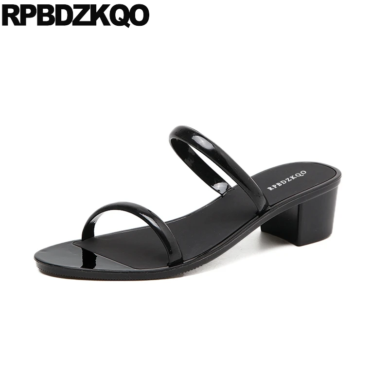 Azul Diapositivas El Plastico Grueso Cuadrado Zapatillas Tacón Bajo Zapatos Fornido Coreano Sandalias De Mujer 2018 Verano Barato Moda Correa Negro Primavera Otoño Talón de - AliExpress