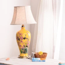 Художественная китайская фарфоровая Керамическая Настольная лампа для спальни, гостиной, свадебного стола, настольная лампа Jingdezhen, светодиодная желтая птица