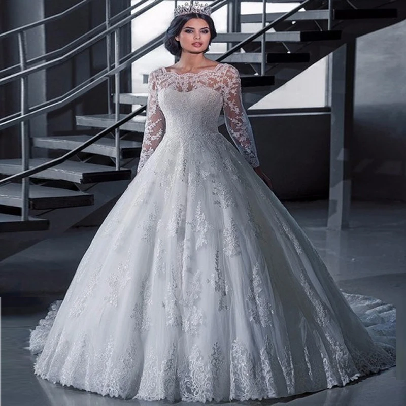 

Elegant Vestido De Novia Vintage White Ball Gown Wedding Dress with Sleeves Robe De Mariage Princesse Bridal Gown 2017