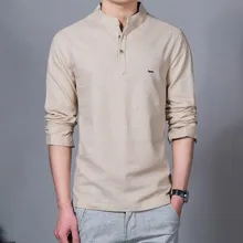 Новая весенняя Мужская блузка, Повседневная модная льняная однотонная мужская блузка с длинным рукавом, брендовая Облегающая рубашка с вышивкой