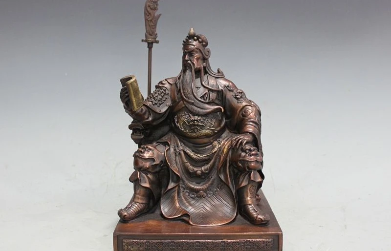 Китайская красная бронза Sit Dragon Guan Gong книга военной тематики воин Бог Статуя 2017|art