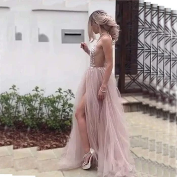 

Sexy Tulle Wedding Dresses 2019 New Beading and Crystal Bridal Gown Illusion Backless Vestido De Noiva Robe De Wedding Gown