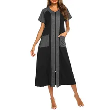 Женский халат на молнии с коротким рукавом, длинная ночная рубашка с карманами, повседневные длинные топы для девочек, модное женское платье 6,26