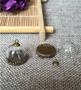 

Free ship!! Fashion 20sets/lot bronze 15mm half glass globe &crown base & cap & necklace set glass vial pendant glass bubble