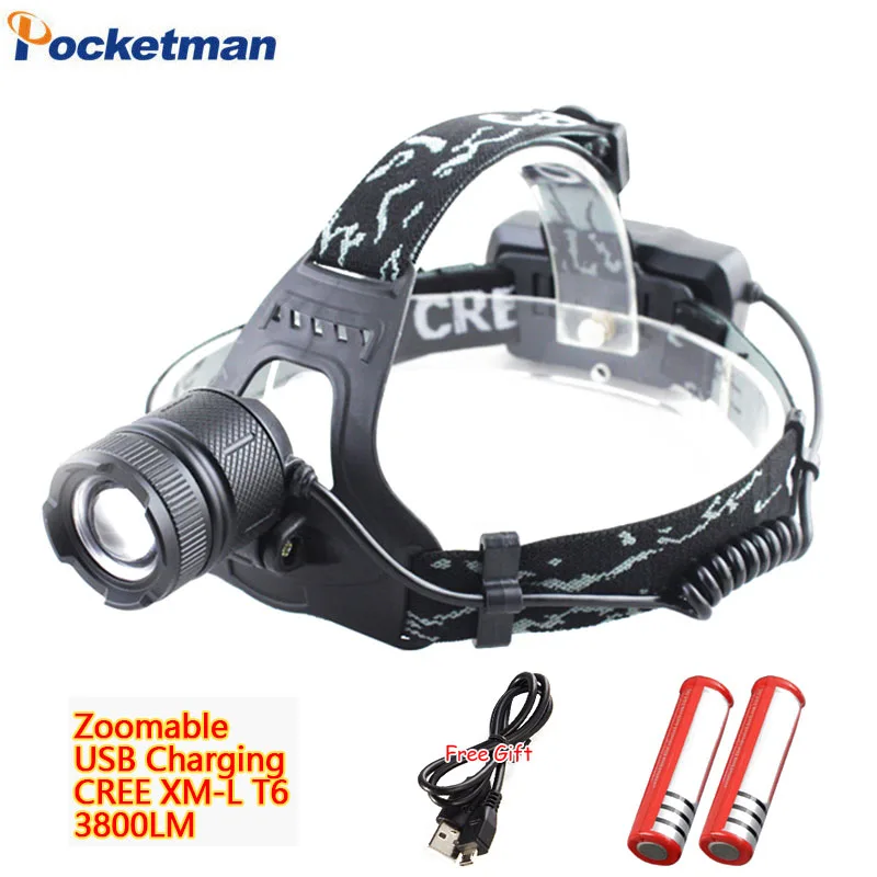 

3800LM USB Rechargeable Headlamp XM-L T6 LED headlight 3 Models Waterproof head lamp for 18650 battery Riding lights