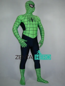 

Free Shipping DHL Green&Black Halloween Spiderman Cosplay Costumes Lycra Zentai Superhero Costume Fullbody Suit Full Size SP2357