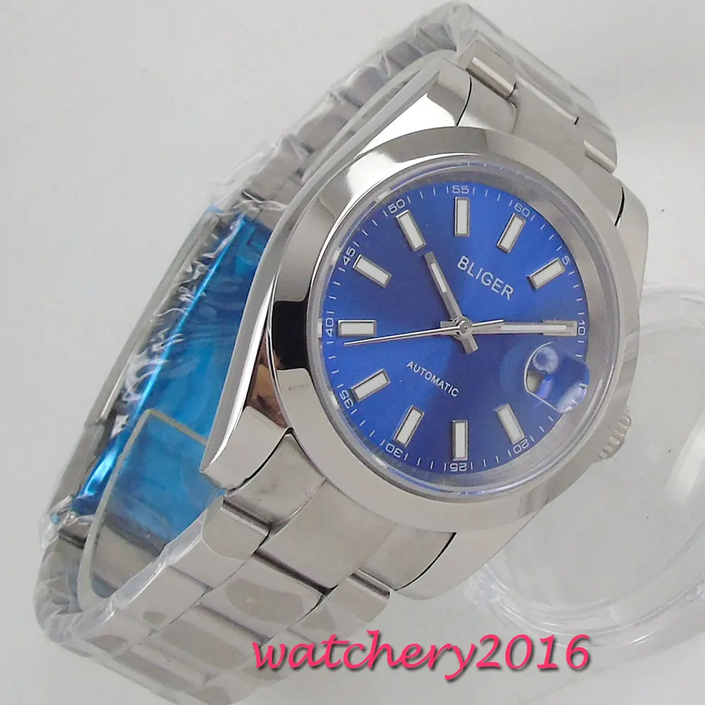

39mm Bliger Blue Dial Polished Steel Case Top Brand Luxury Sapphire Glass Date Automatic Movement men's Watch