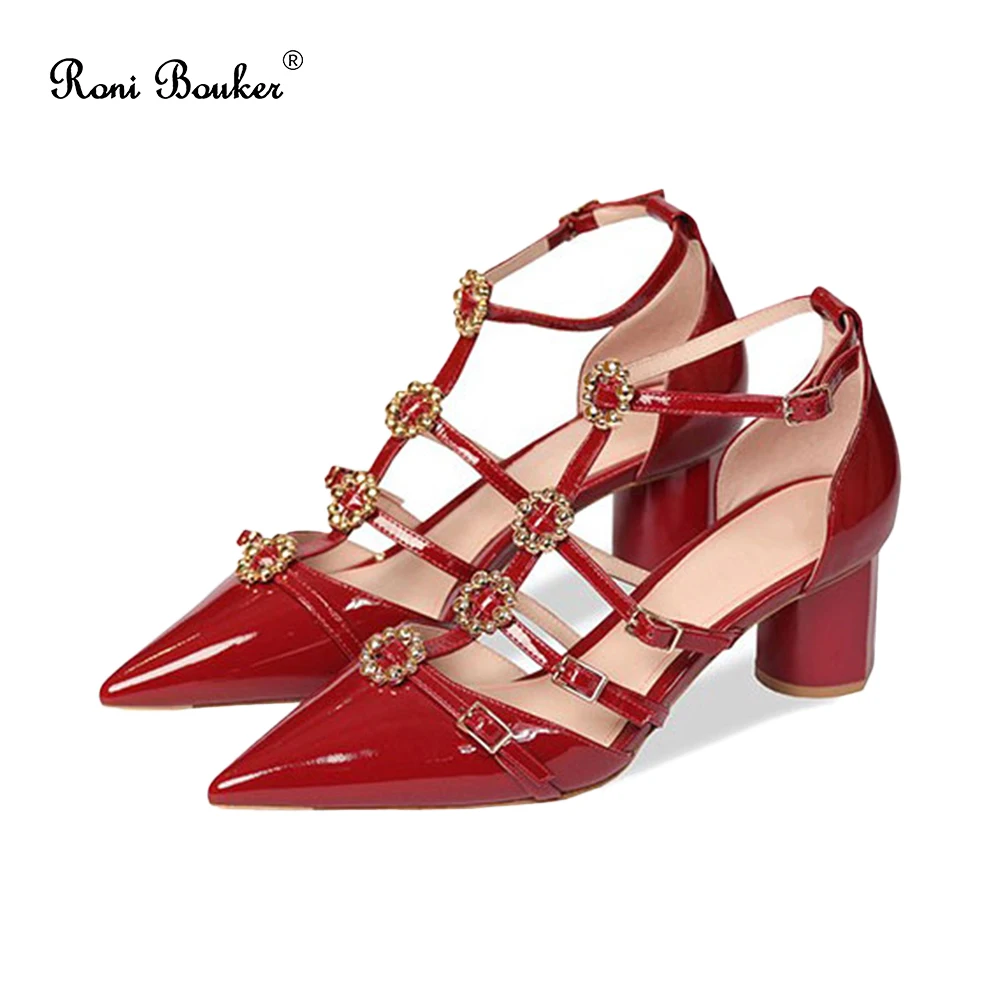 

High Heels Shoes Woman Patent Leather Comfortable Chunky Low Heel Sandals Female Fashion Summer Autumn Footwear Red Black Nude