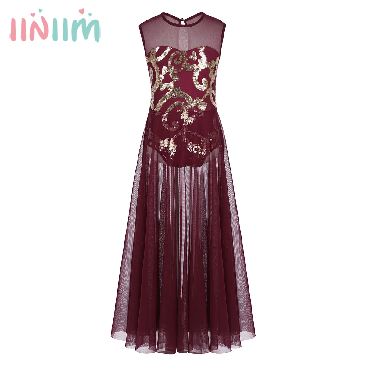 

Girls Sleeveless Formal Dancing Performance Dresses Floral Sequins Tank Leotard Maxi for Spirit Praise Lyrical Dance Dress