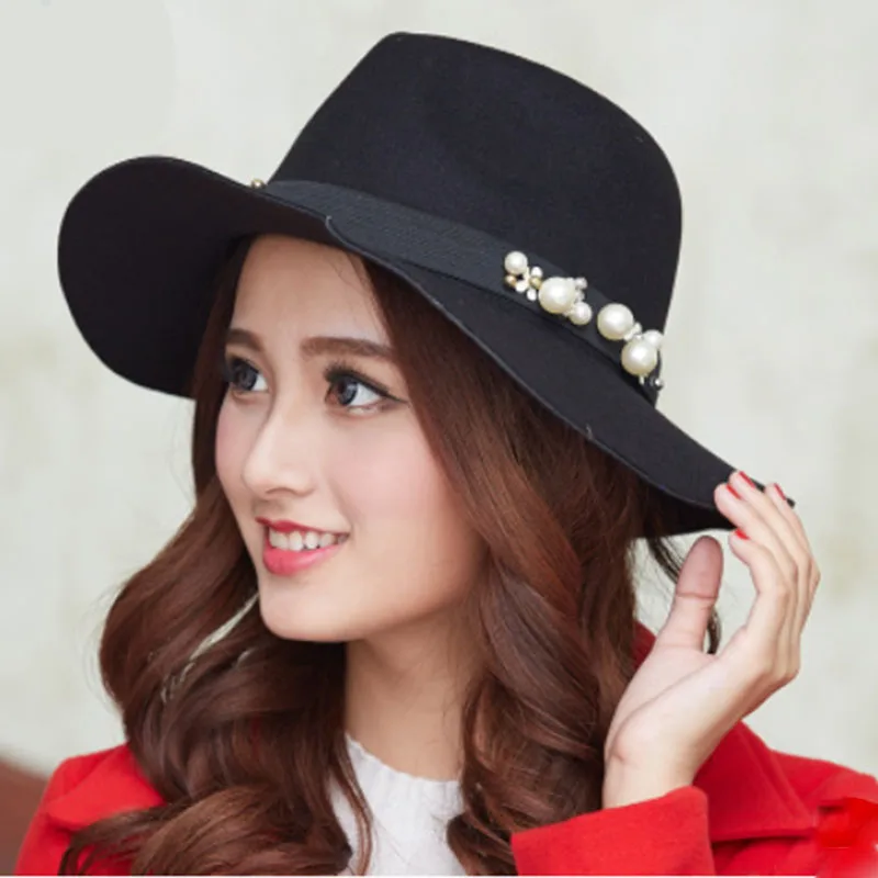 

Fedora Hat Men Women Pearl Elegant Bowler Wide Brim Fedora Men Church Winter Imitation Wool Felt Hat Woman 2019